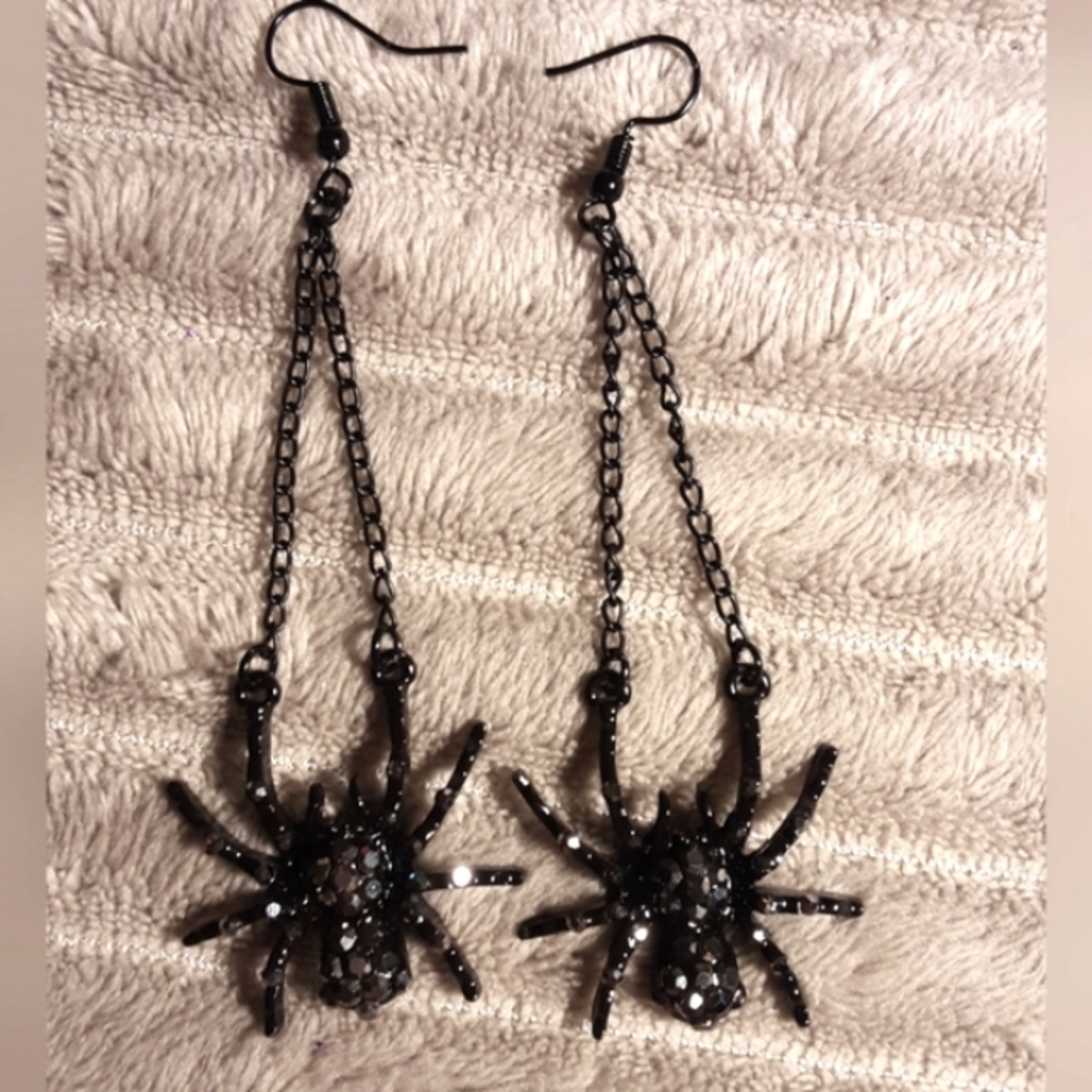 Handmade  Spider Earrings Rhinestone Gothic, Halloween , Sparkly, Black 3" Long